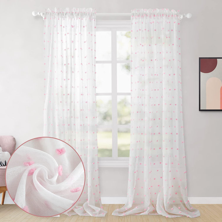 Gracie Oaks White Sheer Curtains 52 X 45 Inch Length White Pom Pom 2